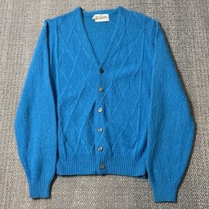 Vintage 60s 70s Piccadilly Cardigan Sweater Mohair Wool Blue Diamond Knit Small
